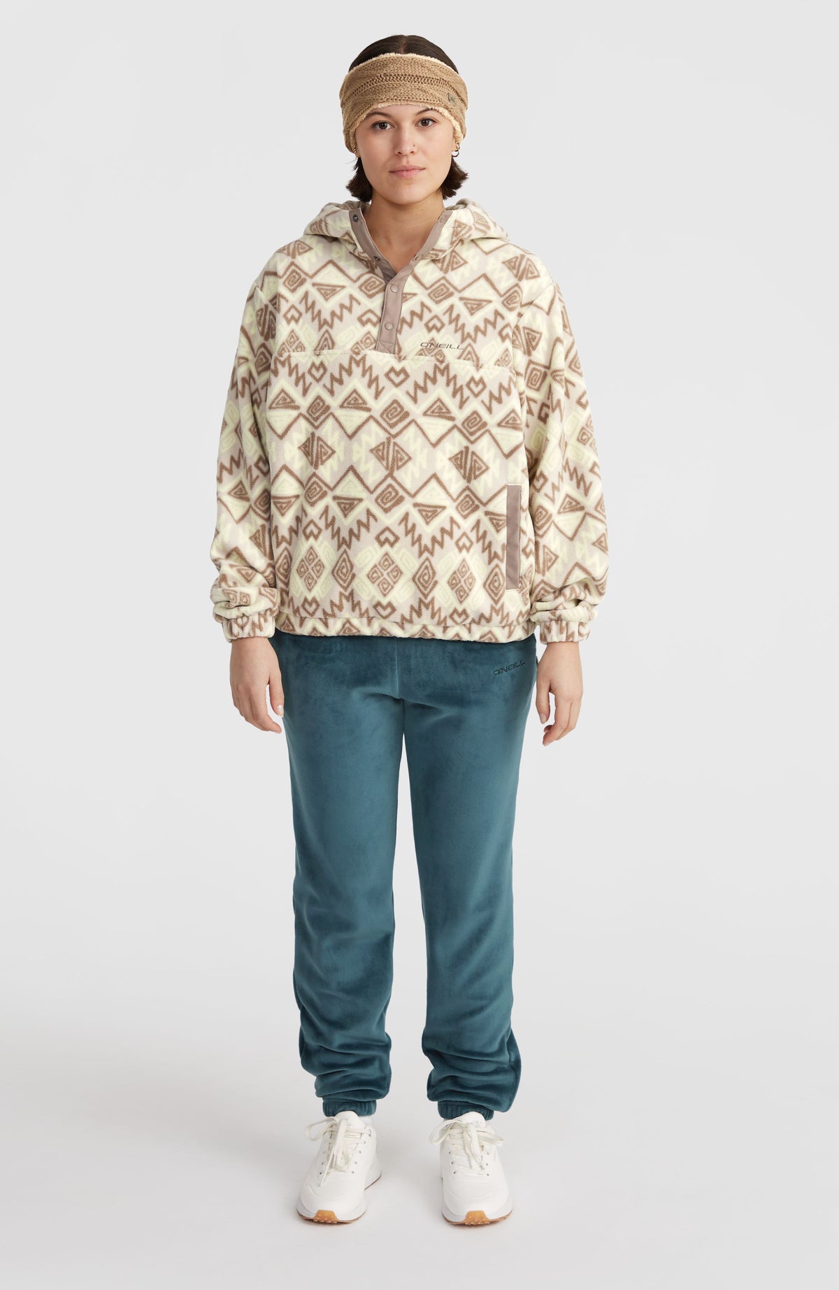 Superfleece hoodie met halve rits | Grey Retro Ikat