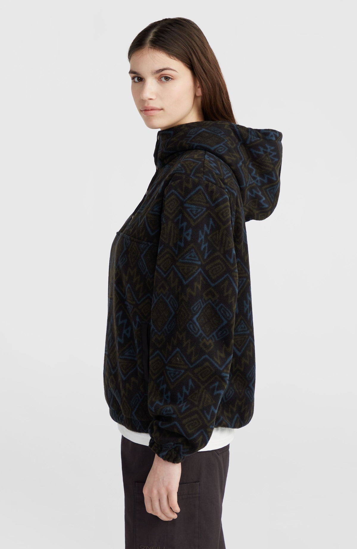 Superfleece hoodie met halve rits | Black Retro Ikat
