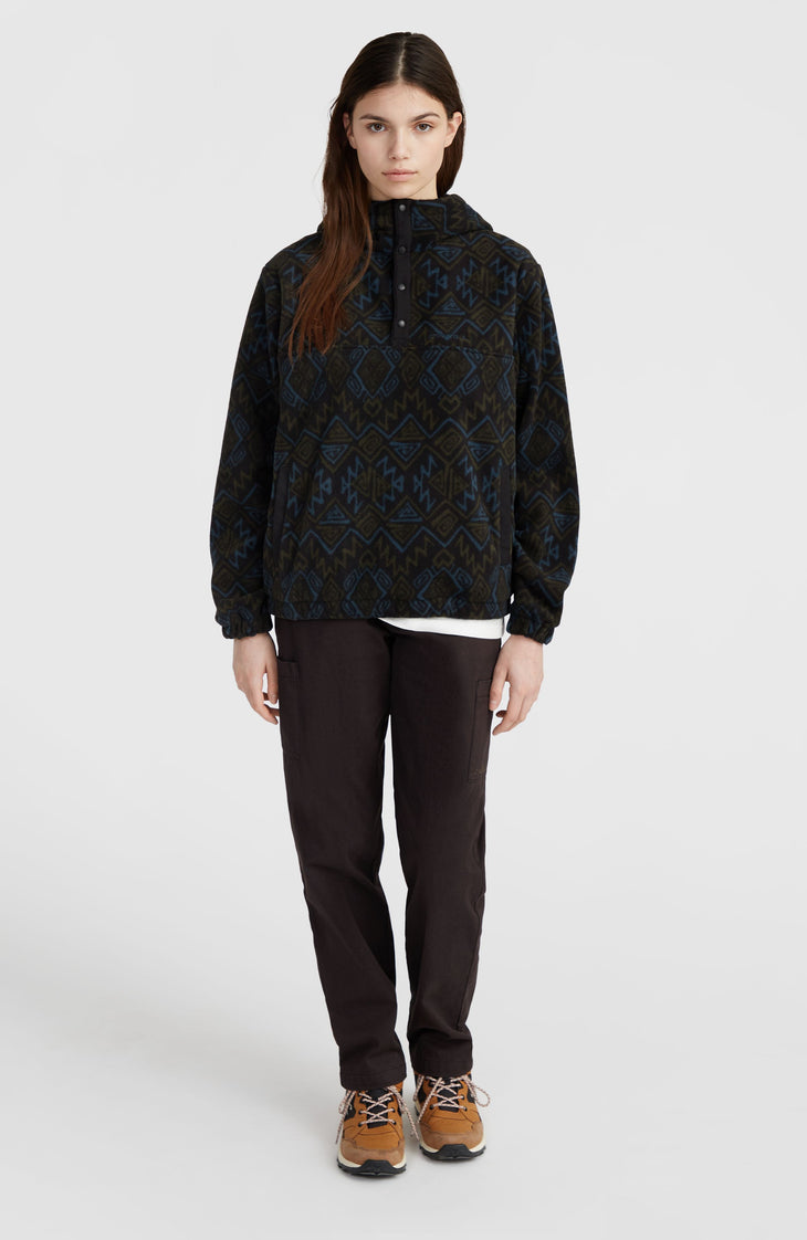 Superfleece hoodie met halve rits | Black Retro Ikat