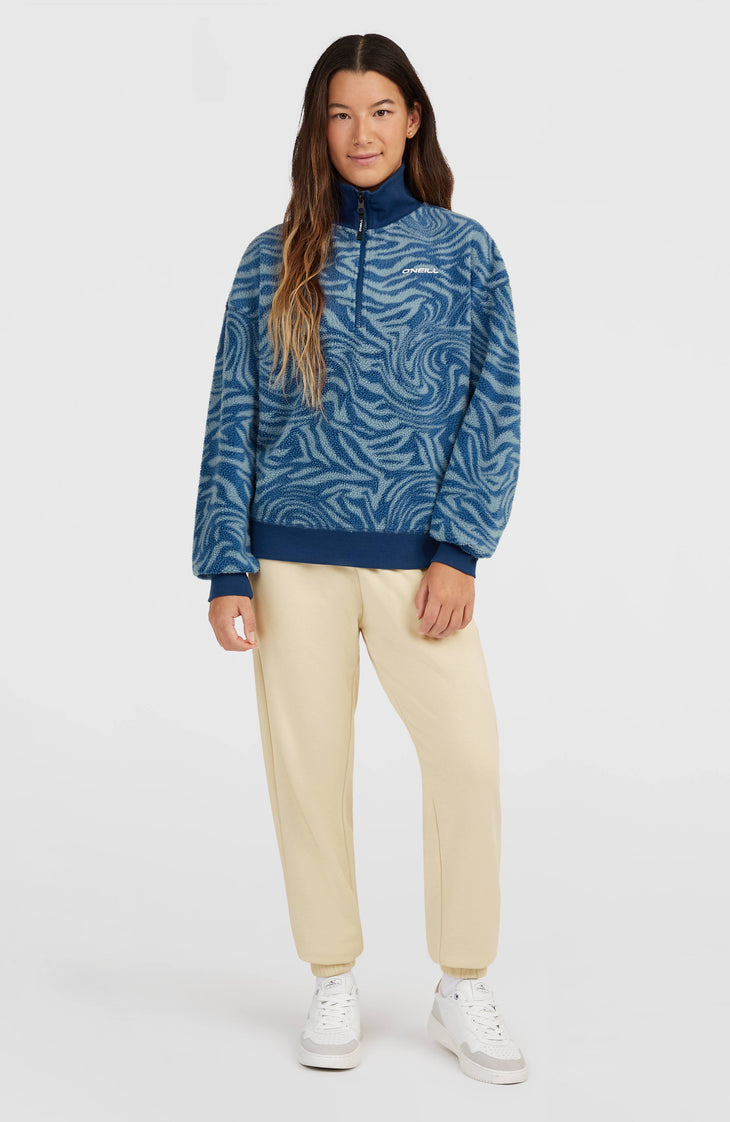 Must-Have fleecetrui met halve rits | Blue Swirl Zebra