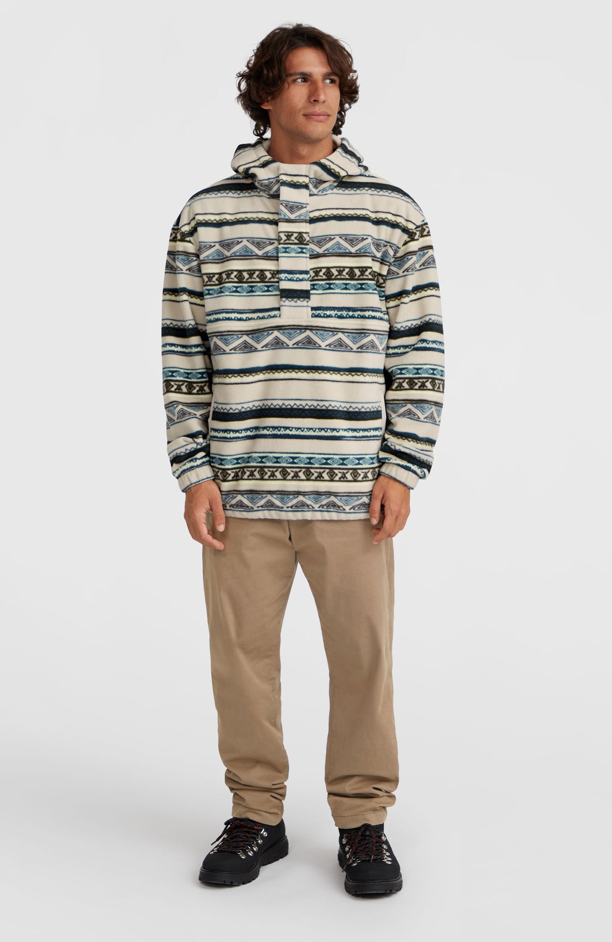 Superfleece hoodie met halve rits | Grey Ikat Stripe