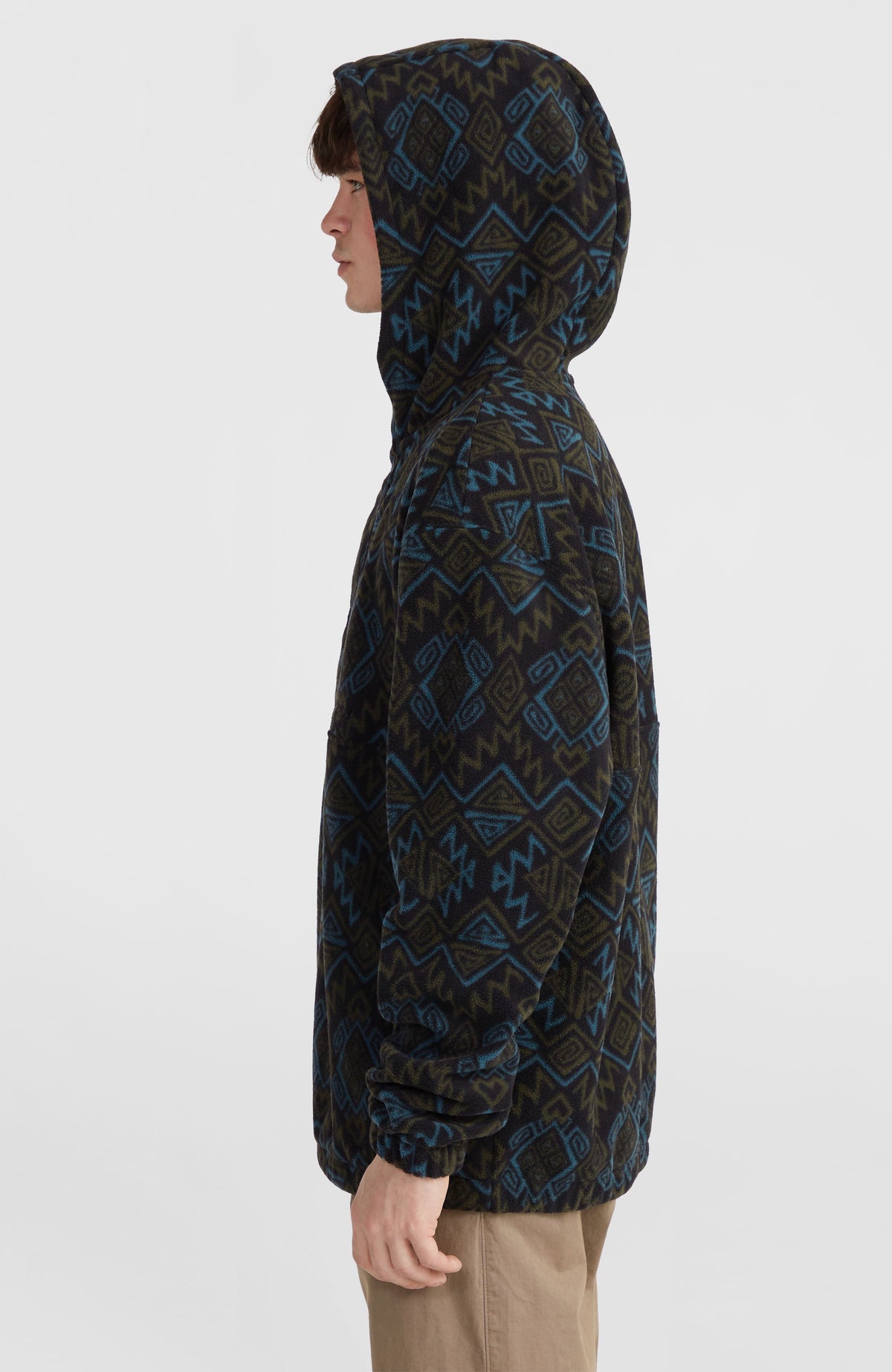 Superfleece hoodie met halve rits | Black Retro Ikat