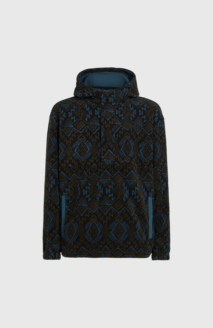Superfleece hoodie met halve rits | Black Retro Ikat