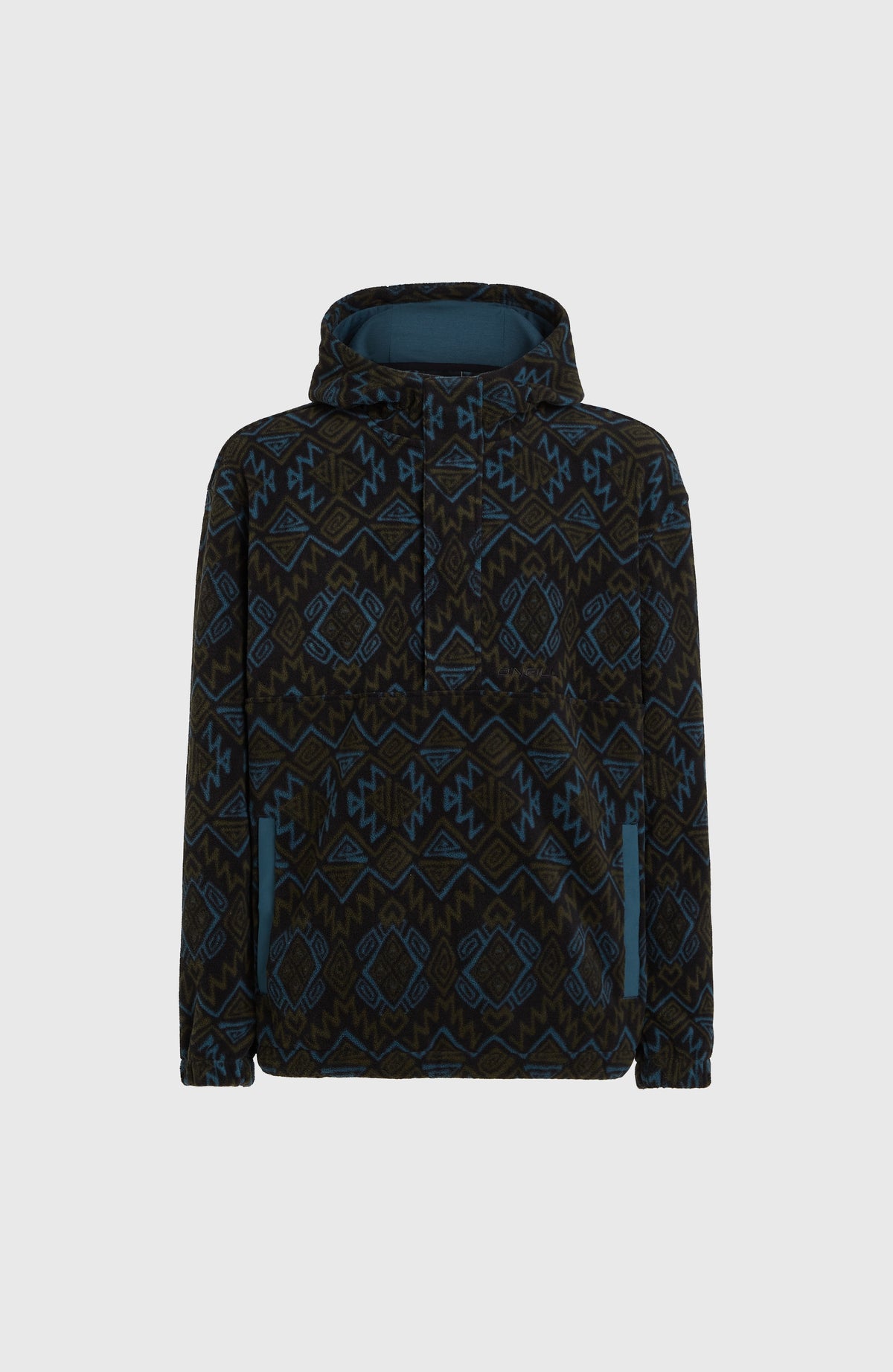 Superfleece hoodie met halve rits | Black Retro Ikat