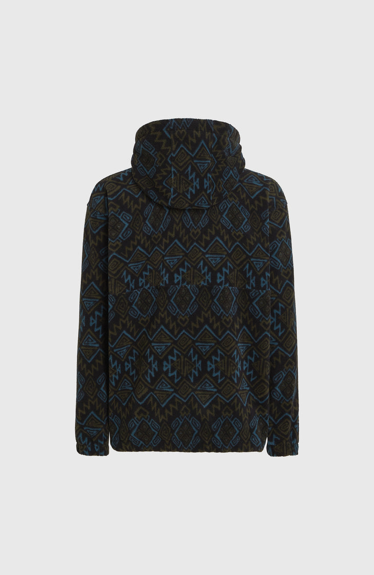 Superfleece hoodie met halve rits | Black Retro Ikat