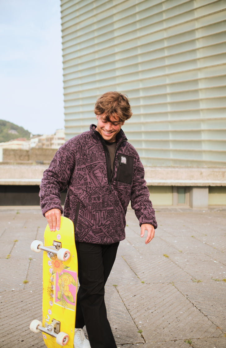 Surf Heroes High-Pile fleecetrui met halve rits | Black/Purple Sketcheritage