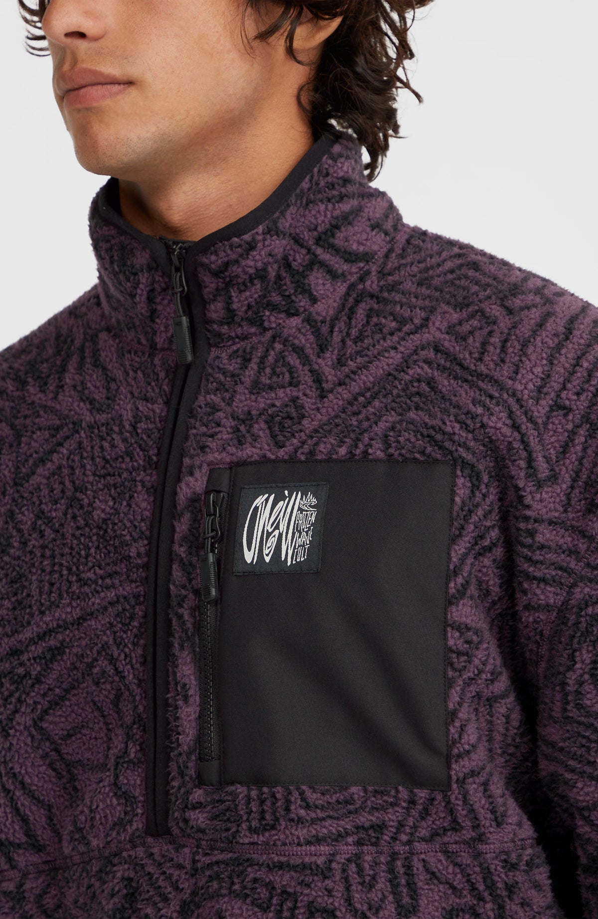 Surf Heroes High-Pile fleecetrui met halve rits | Black/Purple Sketcheritage