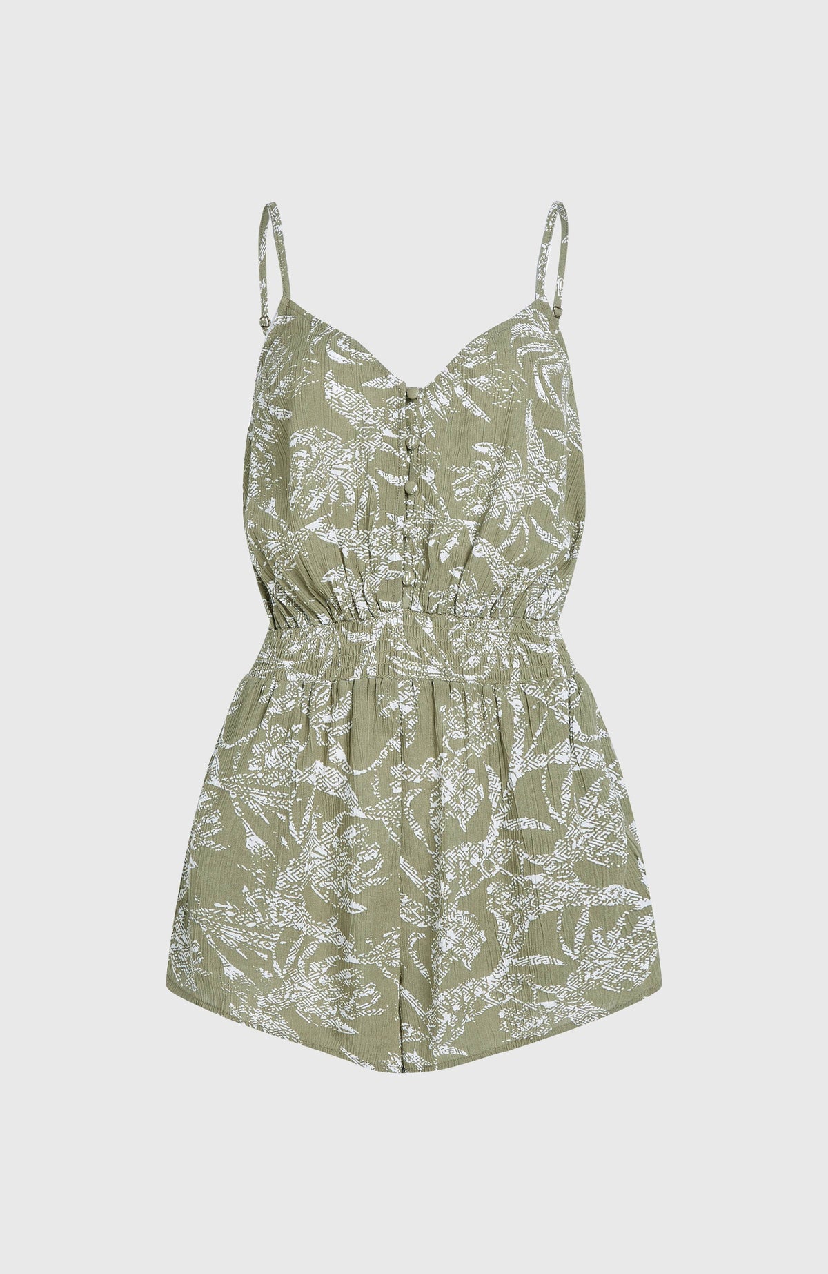 Playsuit met knoopsluiting en dunne bandjes | Green Textured Jungle