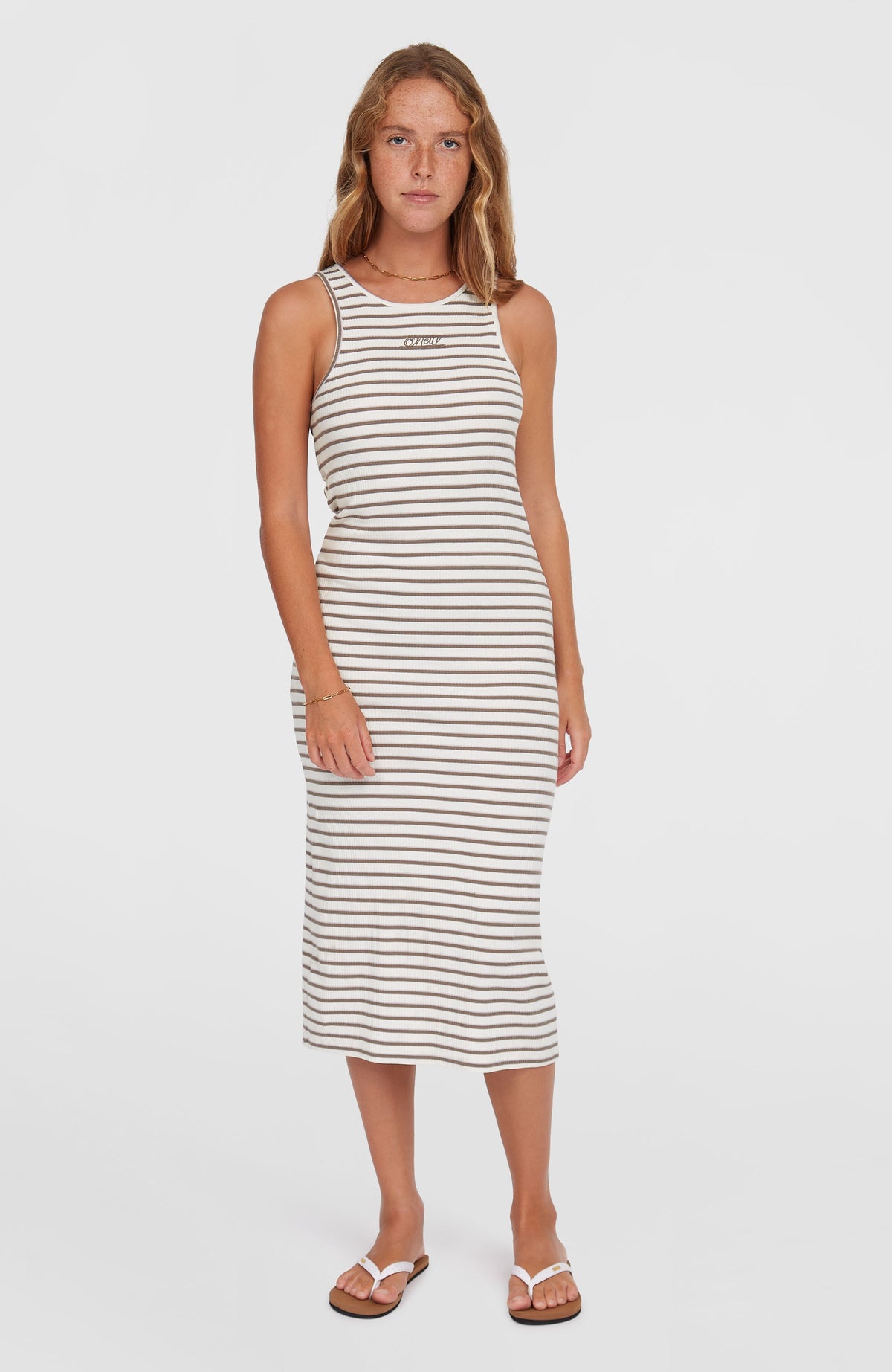 Jess Midi Rib jurk | White Yarn Dye Stripe