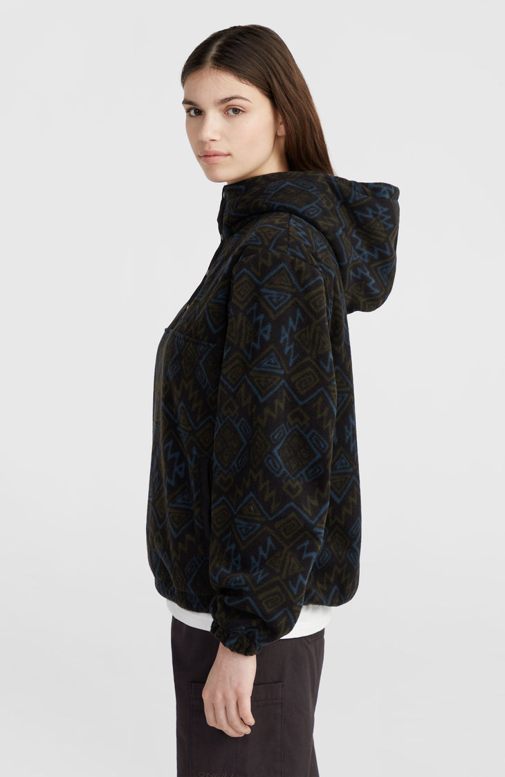 Superfleece hoodie met halve rits | Black Retro Ikat