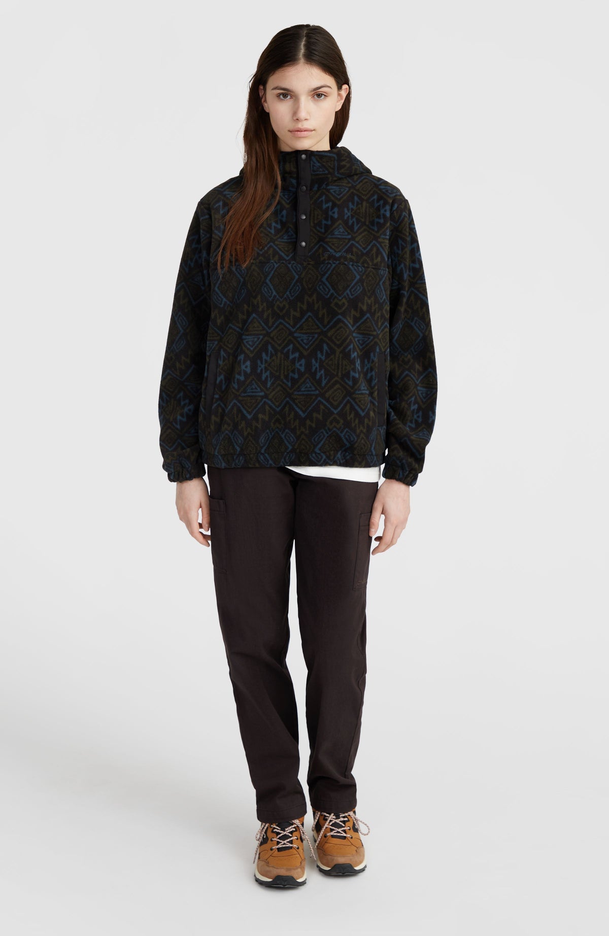 Superfleece hoodie met halve rits | Black Retro Ikat