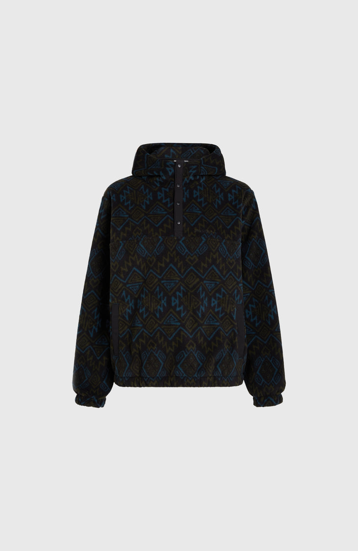 Superfleece hoodie met halve rits | Black Retro Ikat