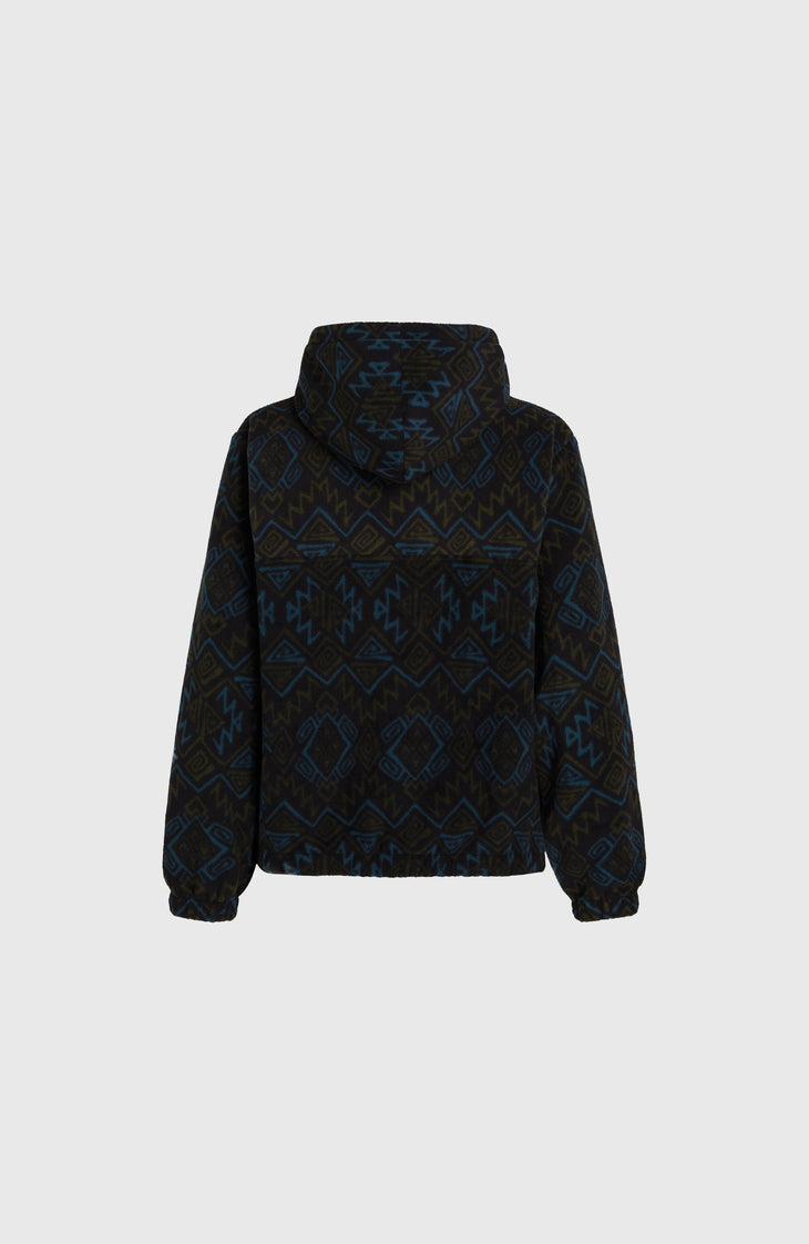 Superfleece hoodie met halve rits | Black Retro Ikat