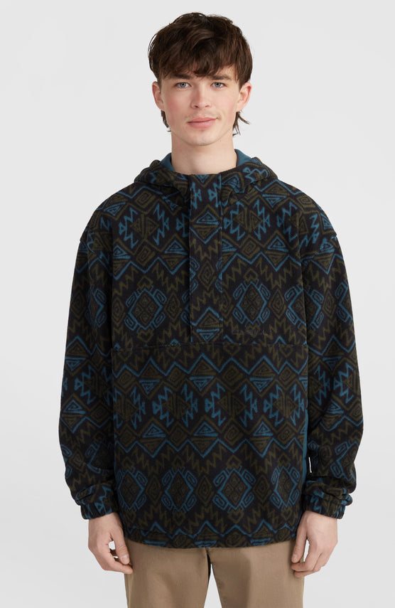 Superfleece hoodie met halve rits | Black Retro Ikat