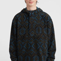 Superfleece hoodie met halve rits | Black Retro Ikat