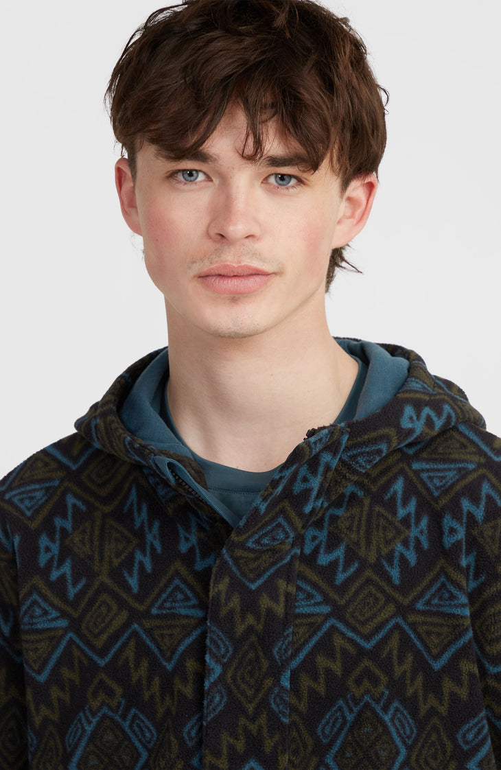 Superfleece hoodie met halve rits | Black Retro Ikat