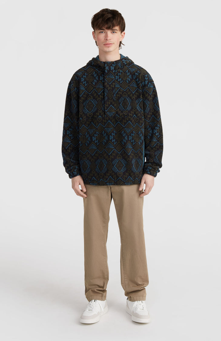 Superfleece hoodie met halve rits | Black Retro Ikat