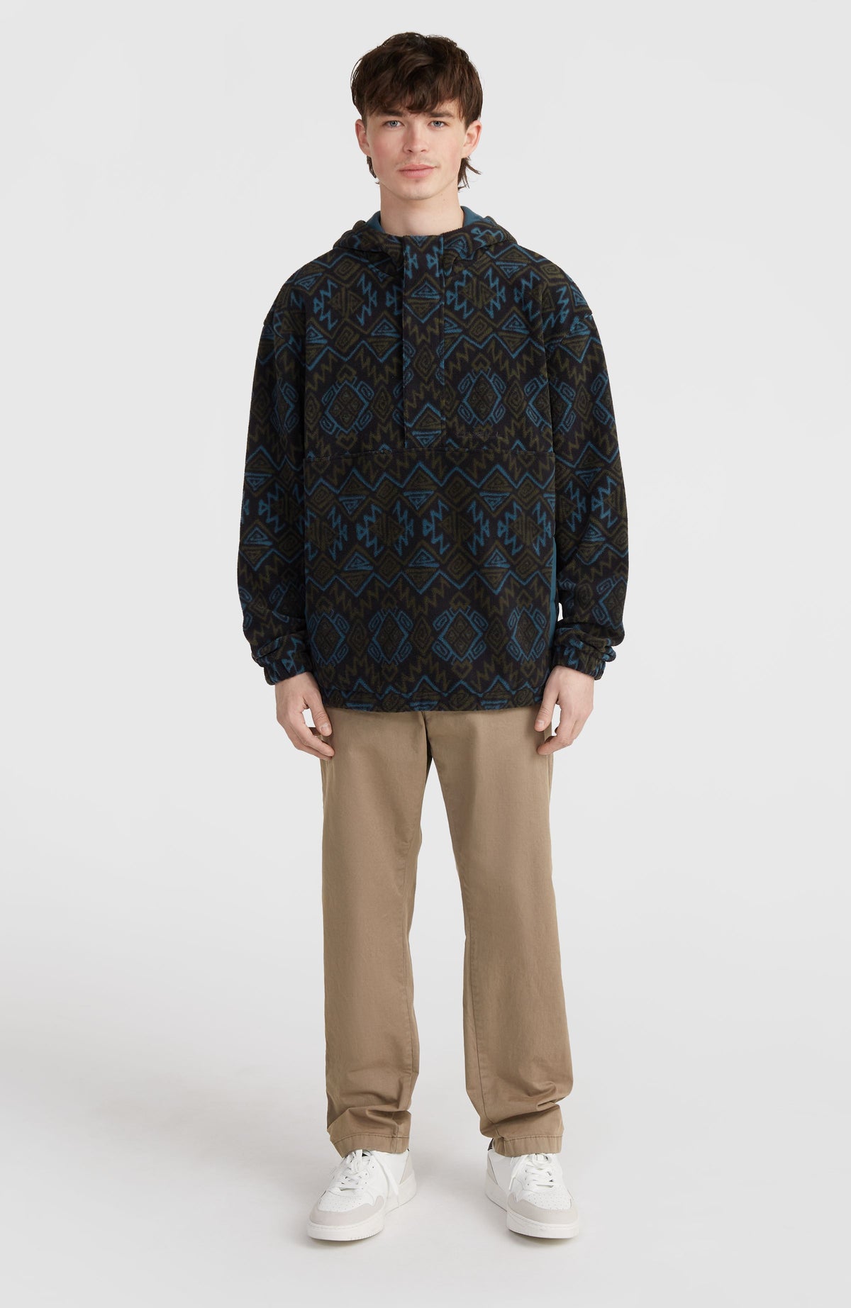 Superfleece hoodie met halve rits | Black Retro Ikat