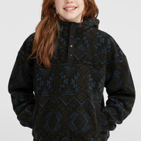 Superfleece hoodie met halve rits | Black Retro Ikat