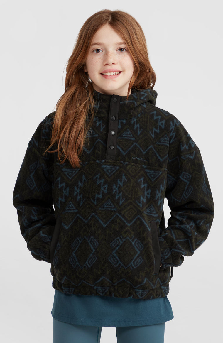 Superfleece hoodie met halve rits | Black Retro Ikat