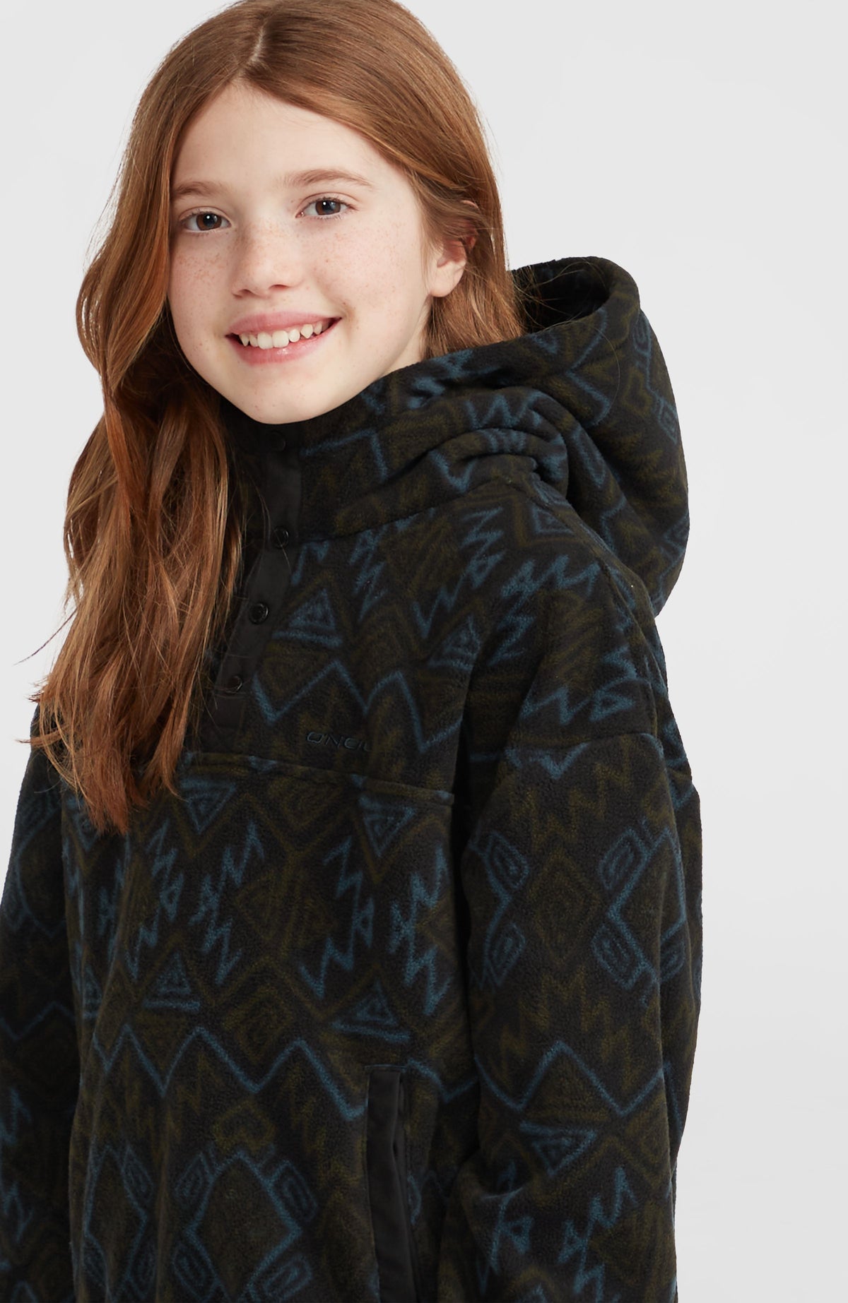 Superfleece hoodie met halve rits | Black Retro Ikat