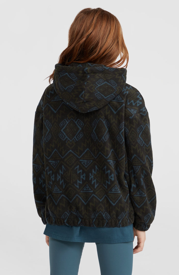 Superfleece hoodie met halve rits | Black Retro Ikat