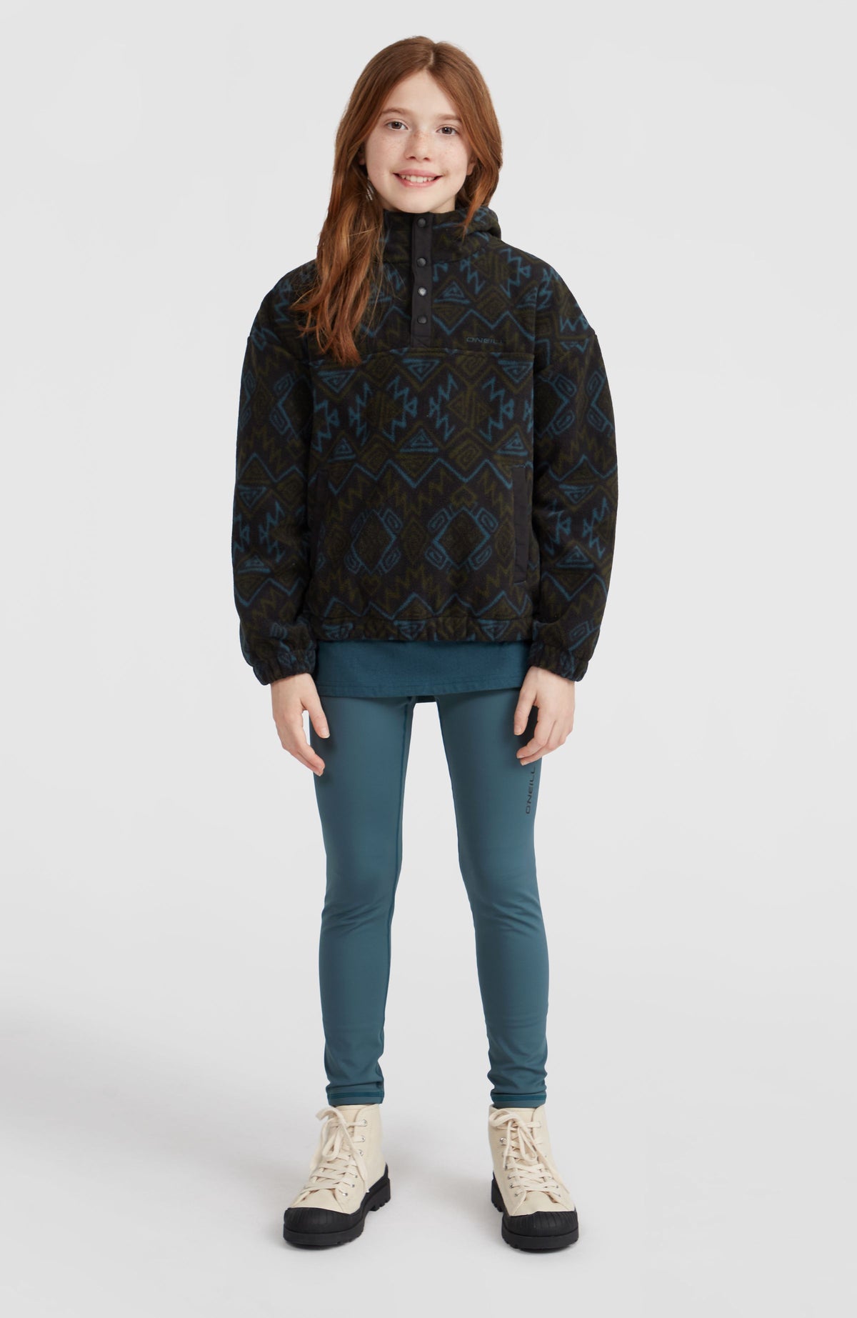 Superfleece hoodie met halve rits | Black Retro Ikat