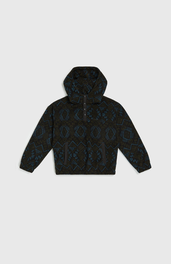 Superfleece hoodie met halve rits | Black Retro Ikat